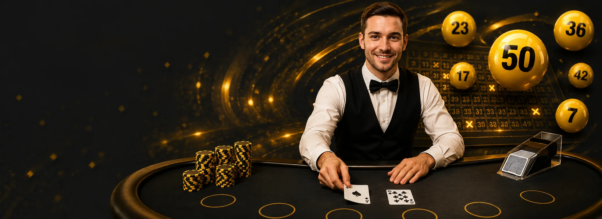 Live-Dealer am Blackjack-Tisch mit goldenen Lottokugeln — EuroJackpot Slots